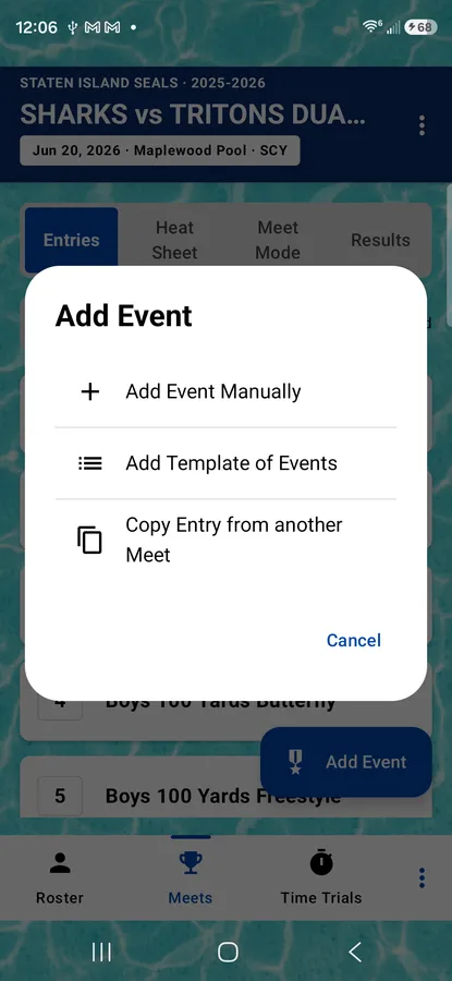 The Add Event dialog, offering to add an event manually, from a template, or by copying another meet