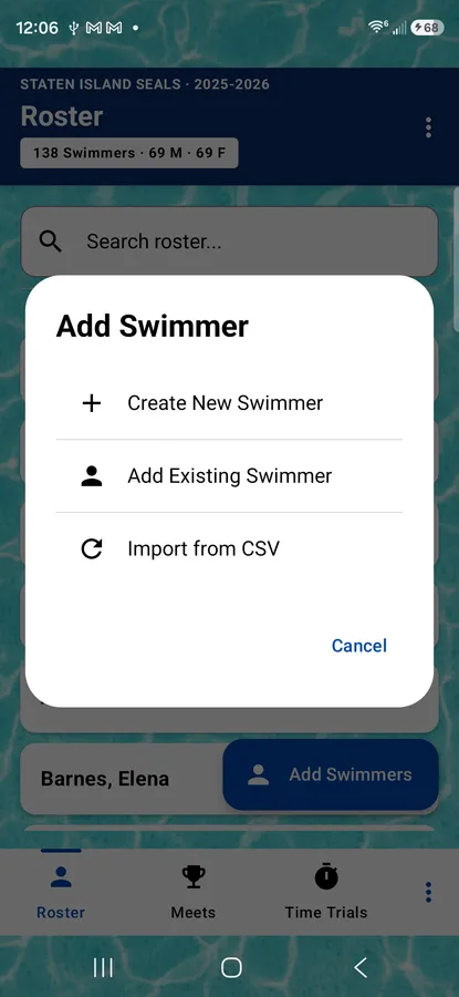 The Add Swimmer screen, with fields for a swimmer's name, birth date, and team