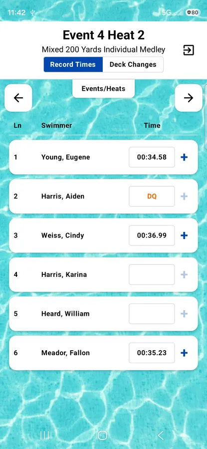 The Record Times screen for a heat, listing each lane's swimmer and finish time, with DQ marked where applicable