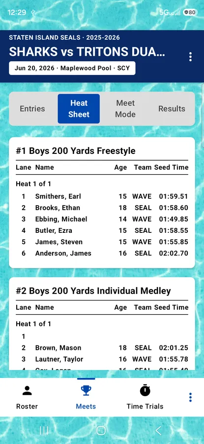 A dual-meet heat sheet showing lanes, swimmers, teams, and seed times for each event