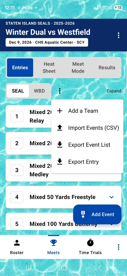 The import entry screen, bringing a competing team's entries into a meet