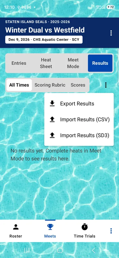 The import results screen, loading outside meet results into the app