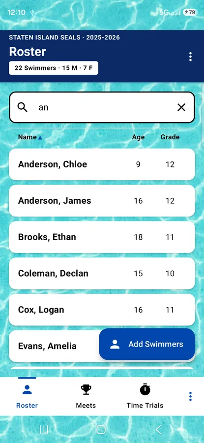 The team roster screen with an active name search, listing matching swimmers with age and grade