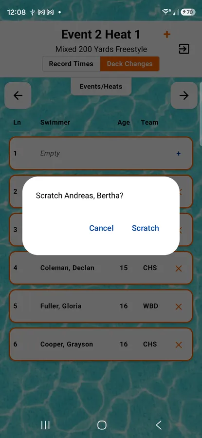 Scratching a swimmer from an event, recorded as an amendment