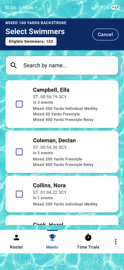 The Select Swimmer screen, choosing swimmers from the team roster