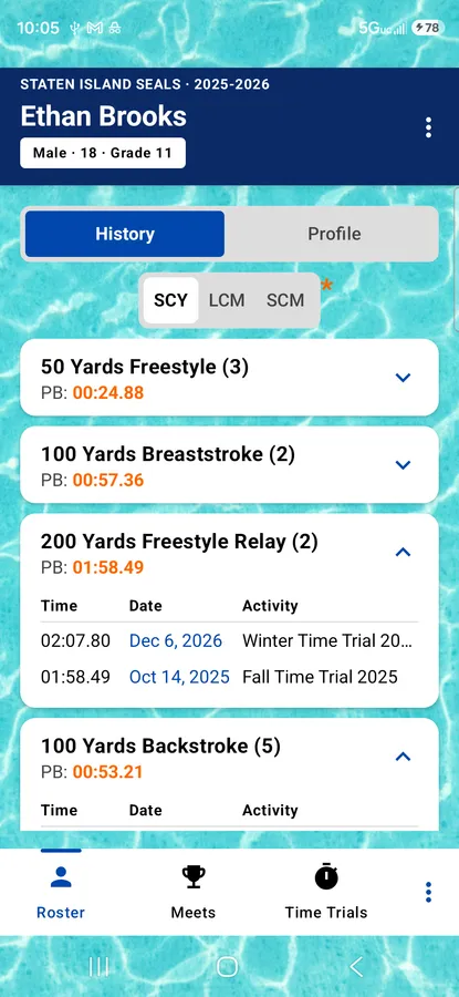 A swimmer's profile screen, showing their event history and personal-best times
