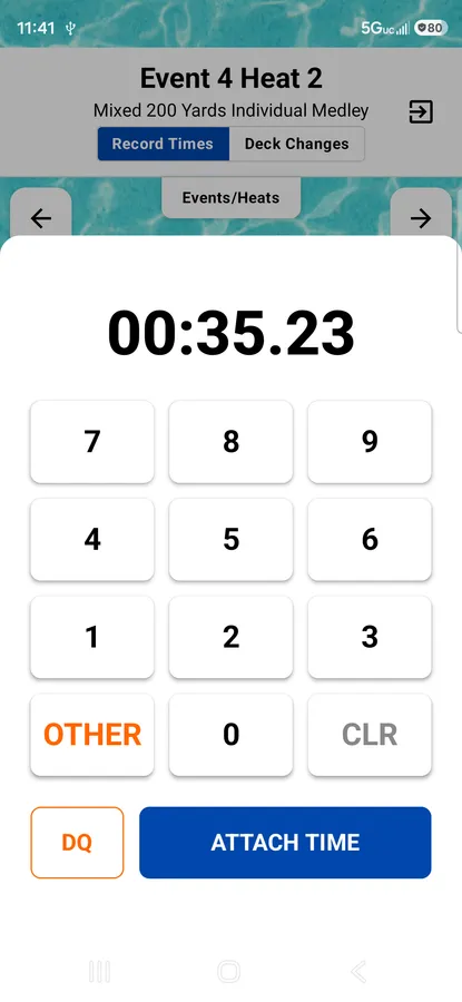 A numeric keypad for entering a swimmer's finish time, with DQ and Attach Time options